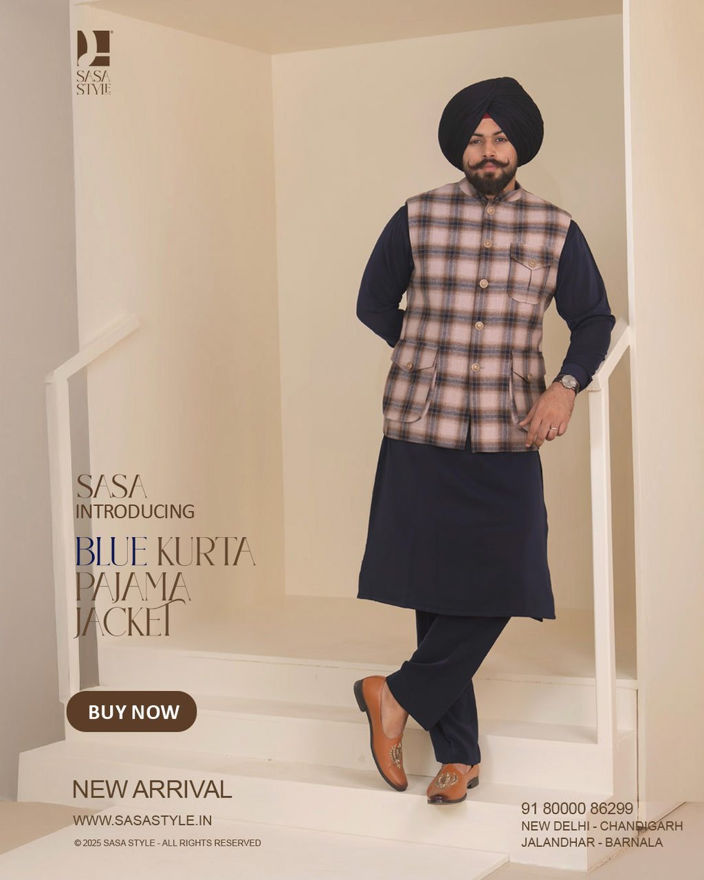 Pale Dogwood Plaid Jacket with Navy Blue Kurta Pajama