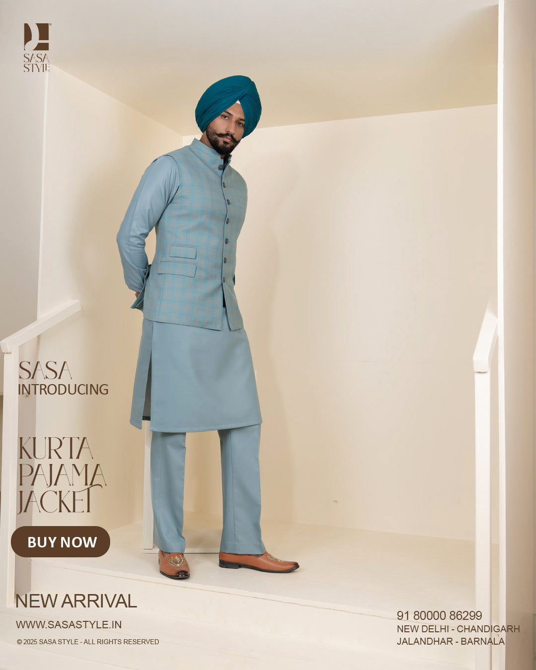 Pastel Blue Plaid Jacket with Dusty Sky Green Kurta Pajama