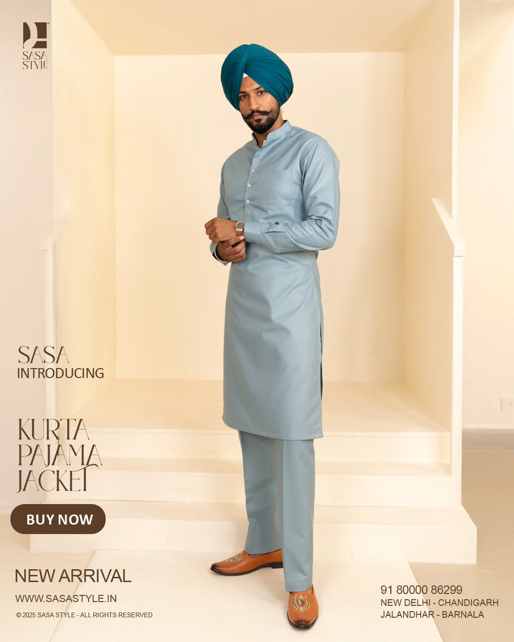 Pastel Blue Plaid Jacket with Dusty Sky Green Kurta Pajama