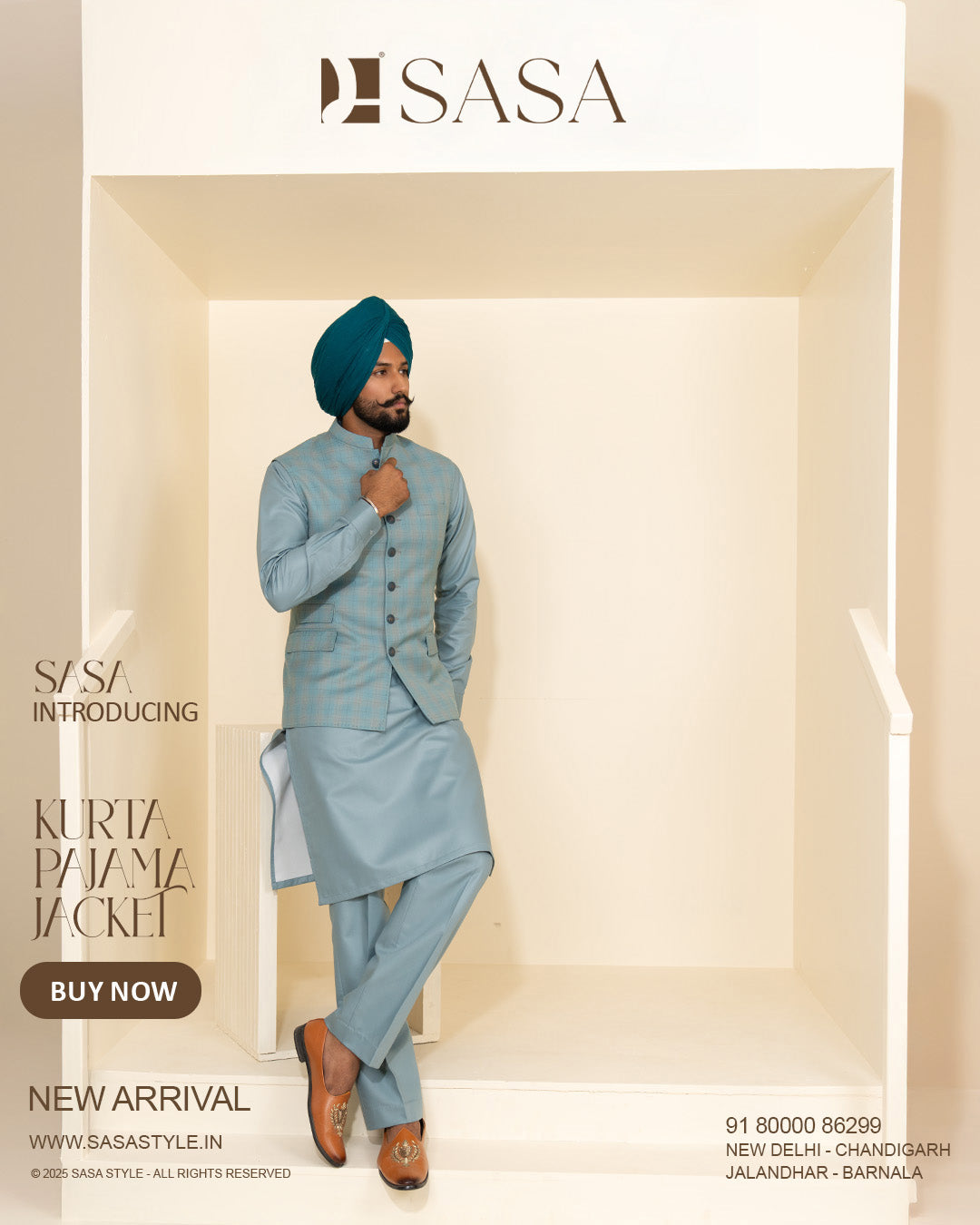 Pastel Blue Plaid Jacket with Dusty Sky Green Kurta Pajama