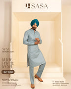 Pastel Blue Plaid Jacket with Dusty Sky Green Kurta Pajama