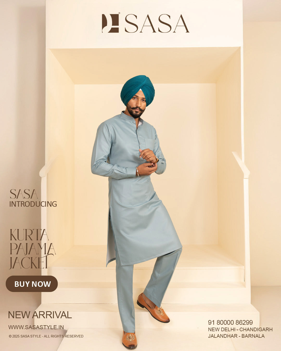 Pastel Blue Plaid Jacket with Dusty Sky Green Kurta Pajama