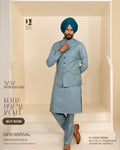 Pastel Blue Plaid Jacket with Dusty Sky Green Kurta Pajama