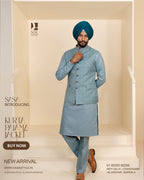 Pastel Blue Plaid Jacket with Dusty Sky Green Kurta Pajama