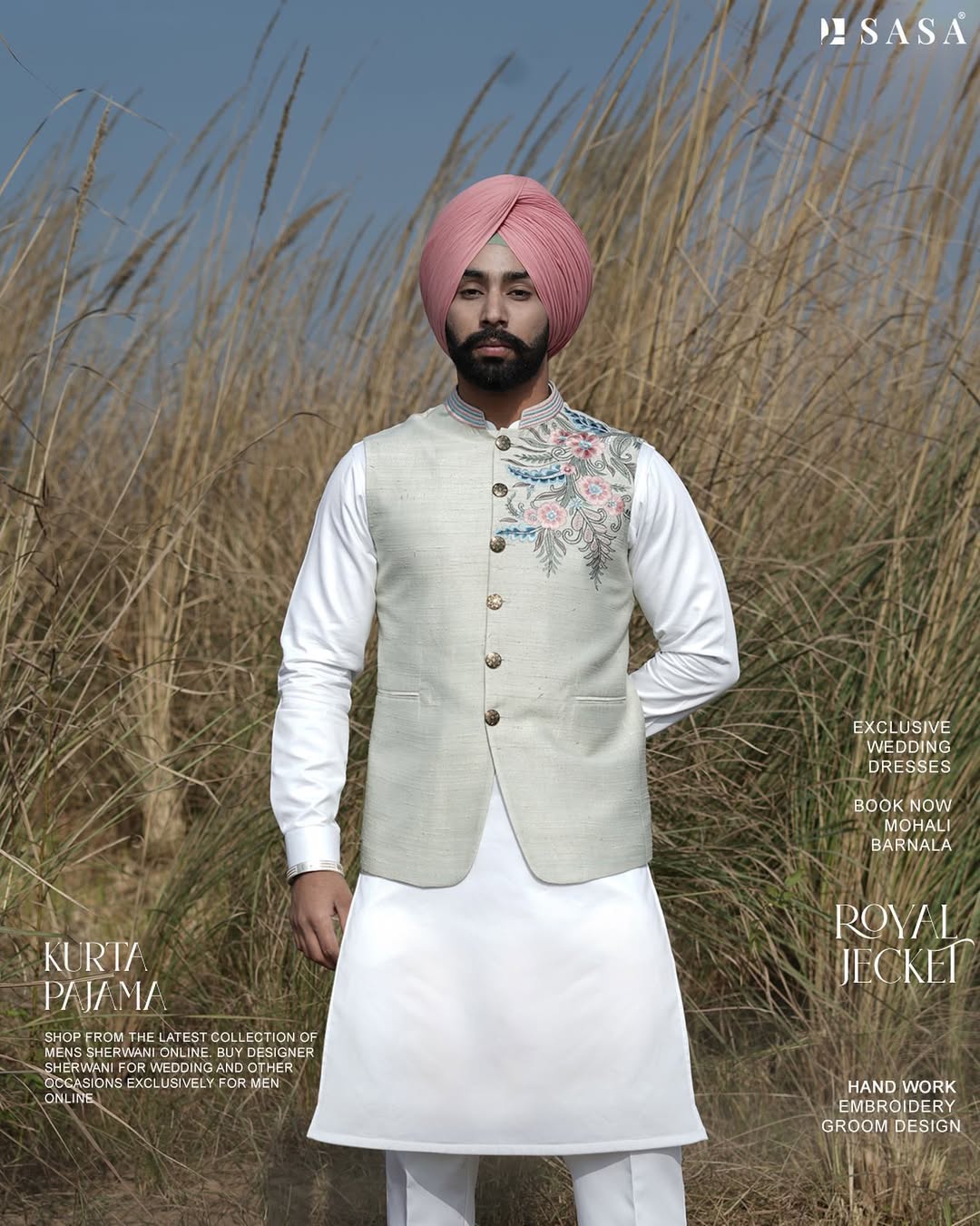 Pastel Mint Embroidered Jacket with Classic White Kurta Pajama