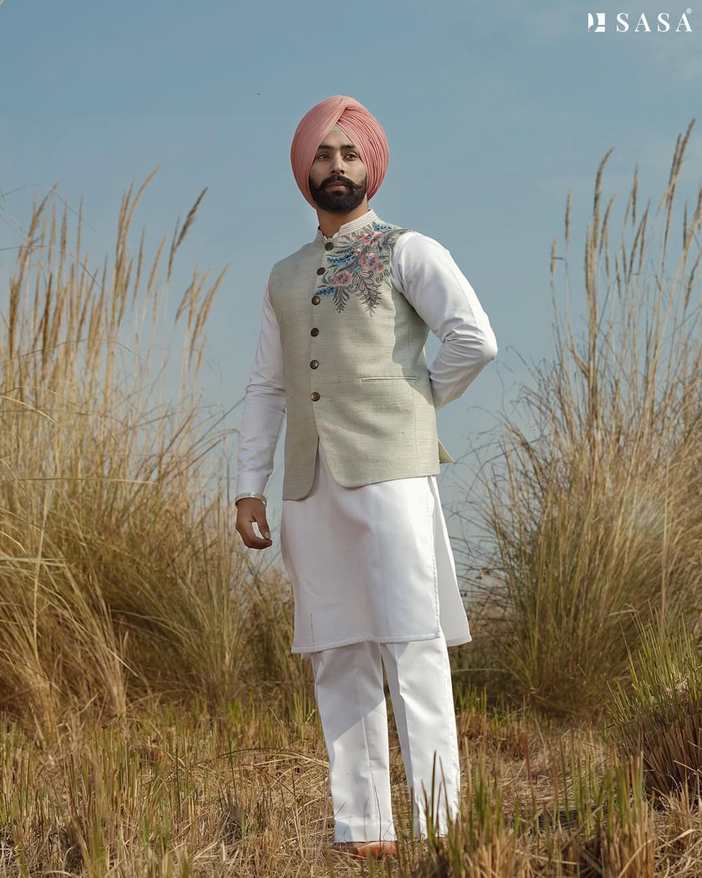 Pastel Mint Embroidered Jacket with Classic White Kurta Pajama