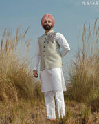 Pastel Mint Embroidered Jacket with Classic White Kurta Pajama