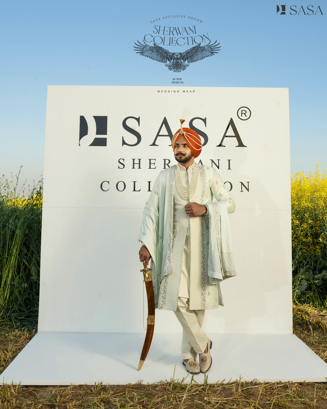 Pastel Mint Sherwani Set with Handcrafted Detailing