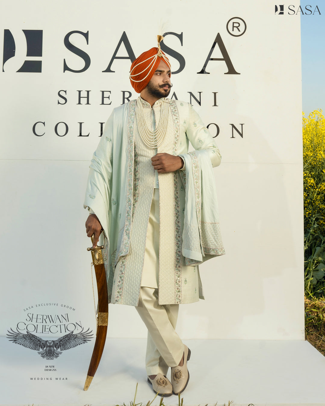 Pastel Mint Sherwani Set with Handcrafted Detailing