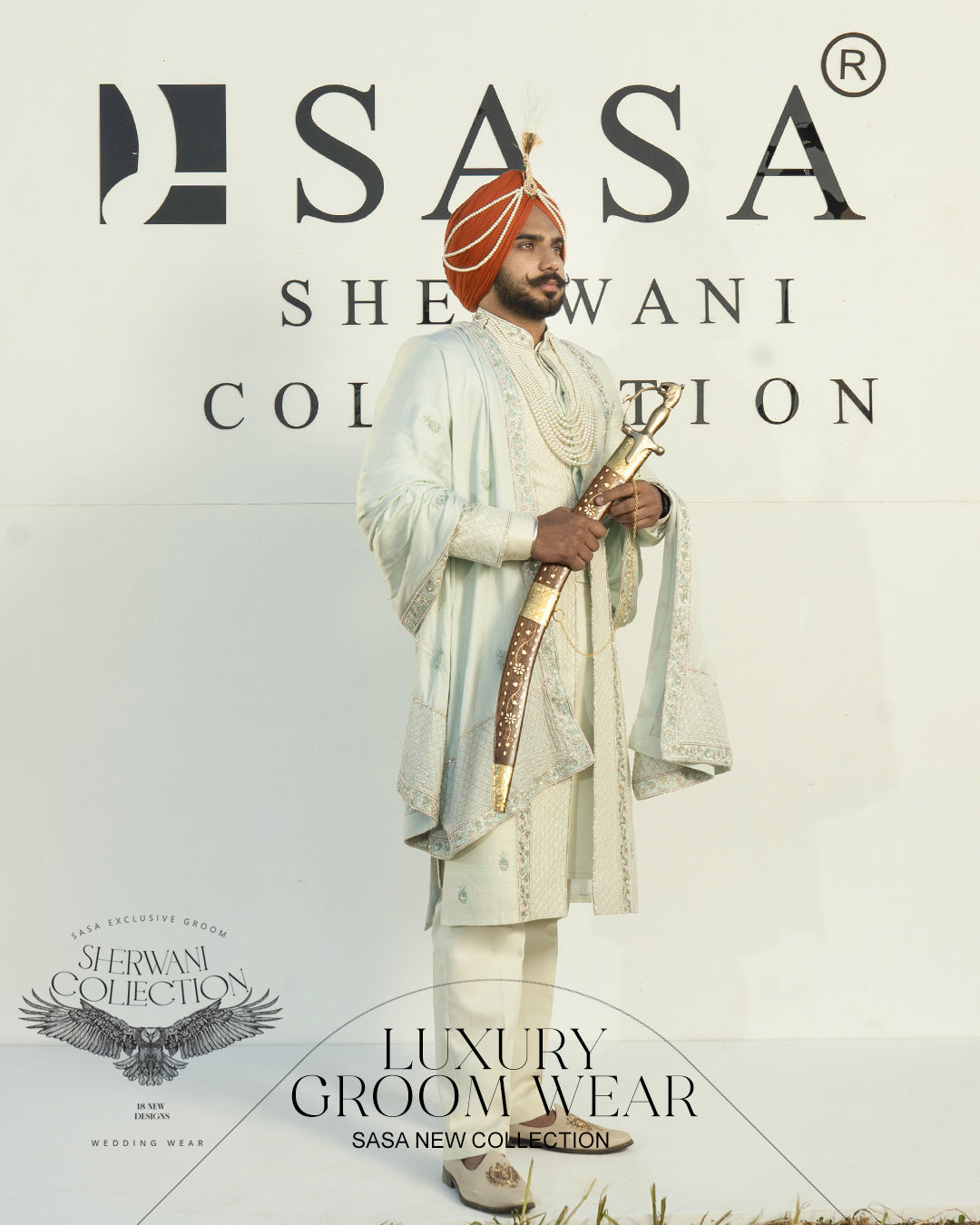 Pastel Mint Sherwani Set with Handcrafted Detailing