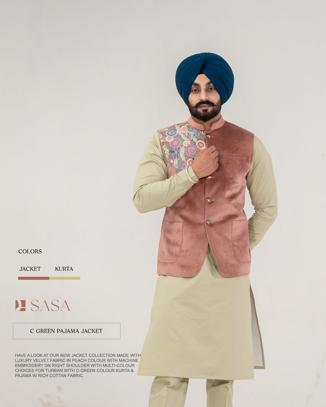 Peach Velvet Embroidered Jacket with C-Green Kurta Pajama