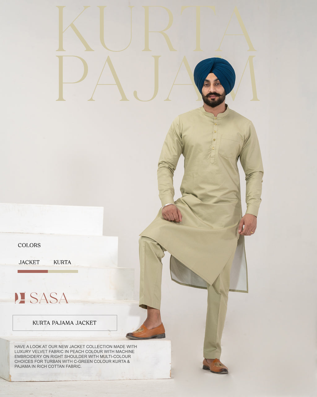 Peach Velvet Embroidered Jacket with C-Green Kurta Pajama