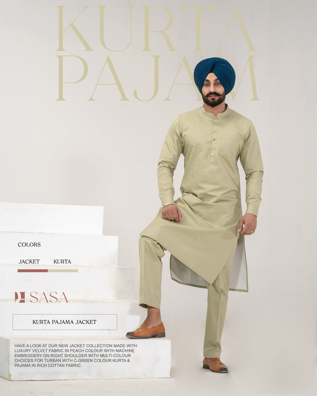 Peach Velvet Embroidered Jacket with C-Green Kurta Pajama