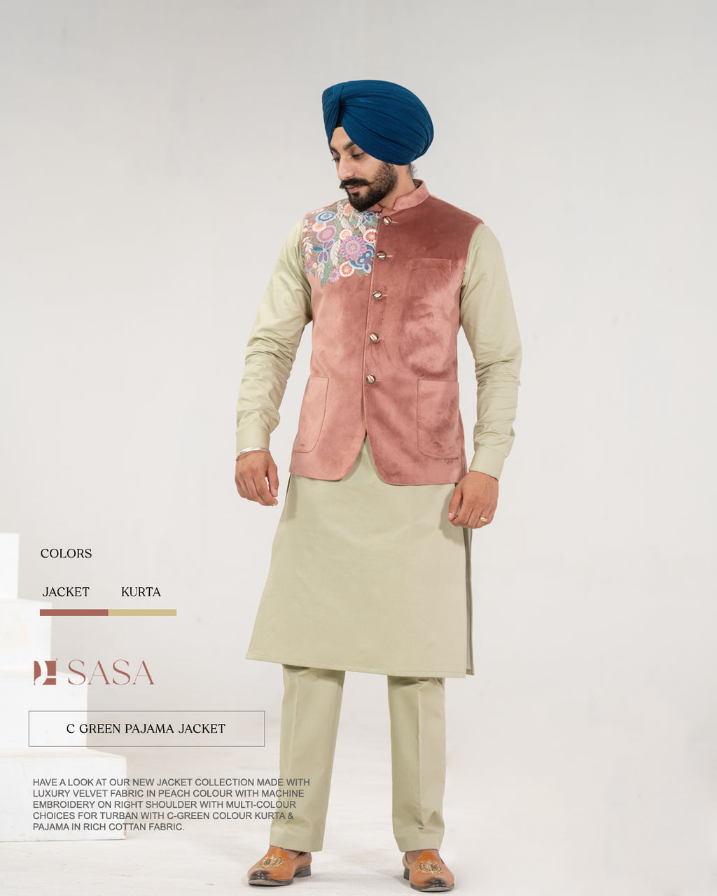 Peach Velvet Embroidered Jacket with C-Green Kurta Pajama