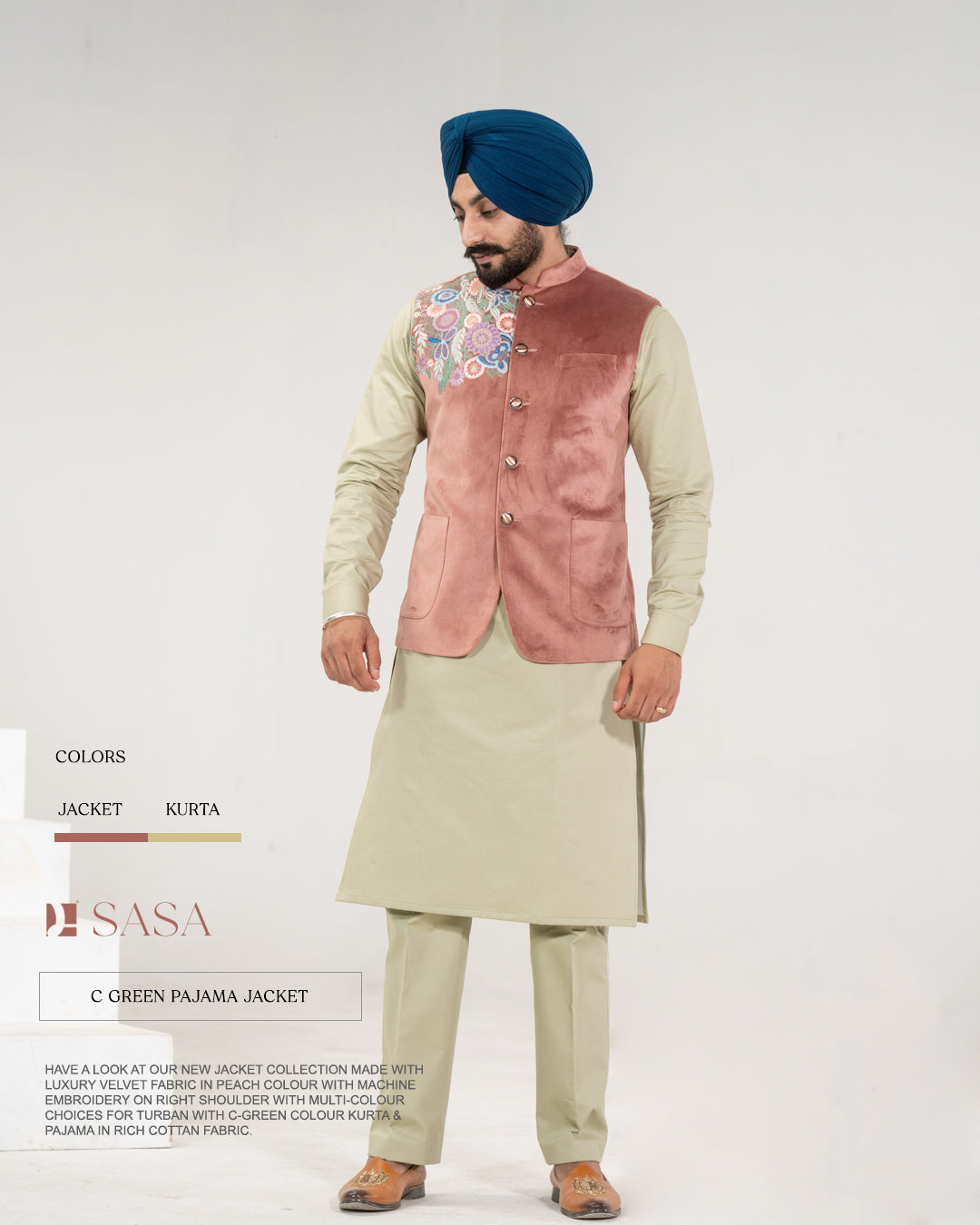Peach Velvet Embroidered Jacket with C-Green Kurta Pajama