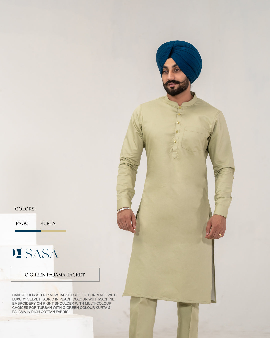 Peach Velvet Embroidered Jacket with C-Green Kurta Pajama