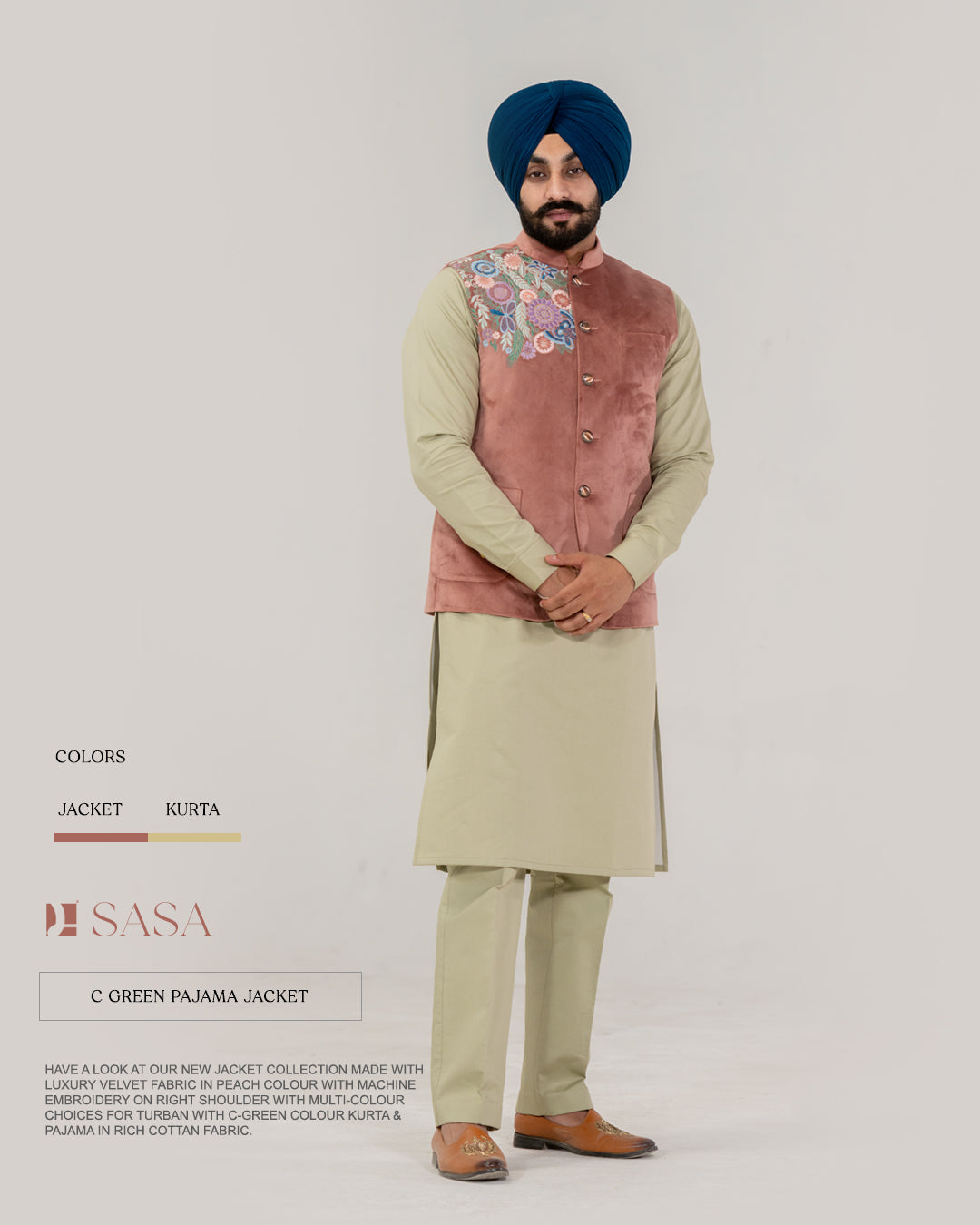 Peach Velvet Embroidered Jacket with C-Green Kurta Pajama