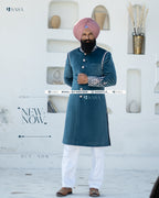 Peacock Blue Elegance: Embroidered Achkan with Kurta Pajama