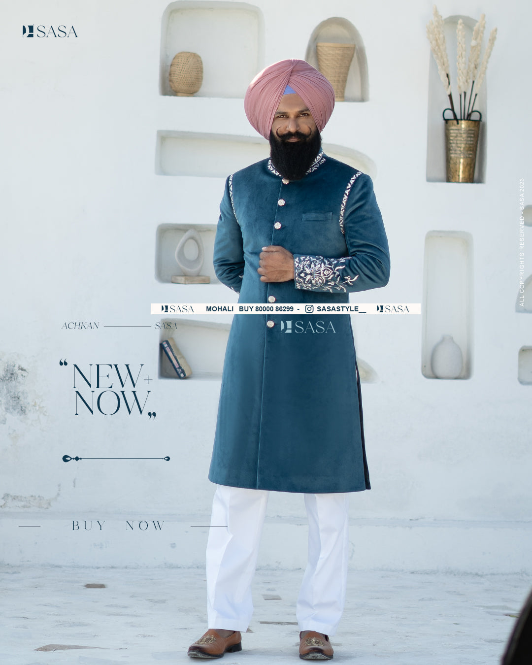 Peacock Blue Elegance: Embroidered Achkan with Kurta Pajama