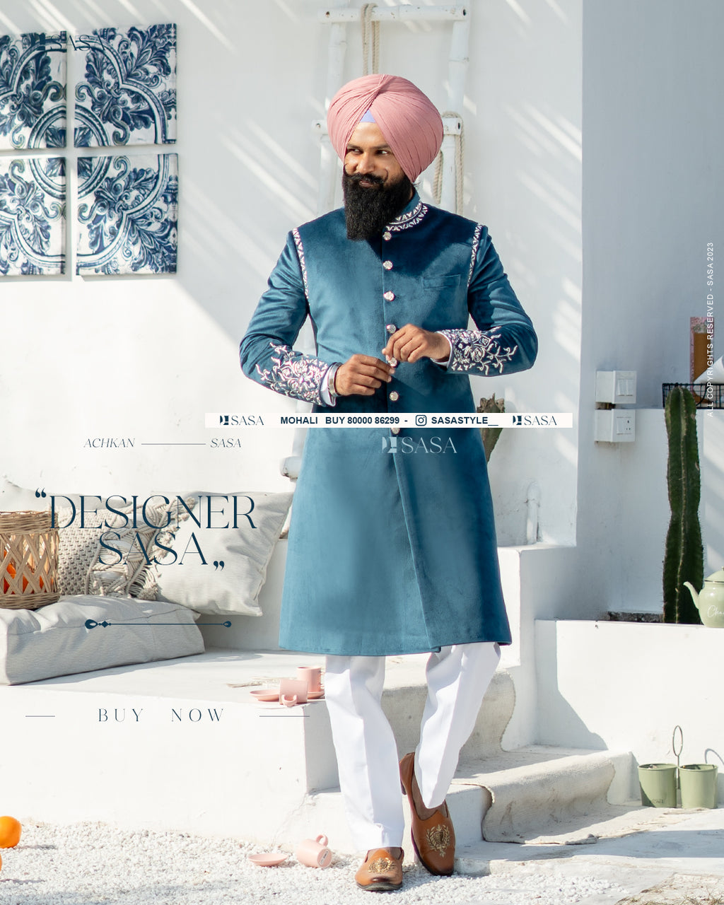 Peacock Blue Elegance: Embroidered Achkan with Kurta Pajama