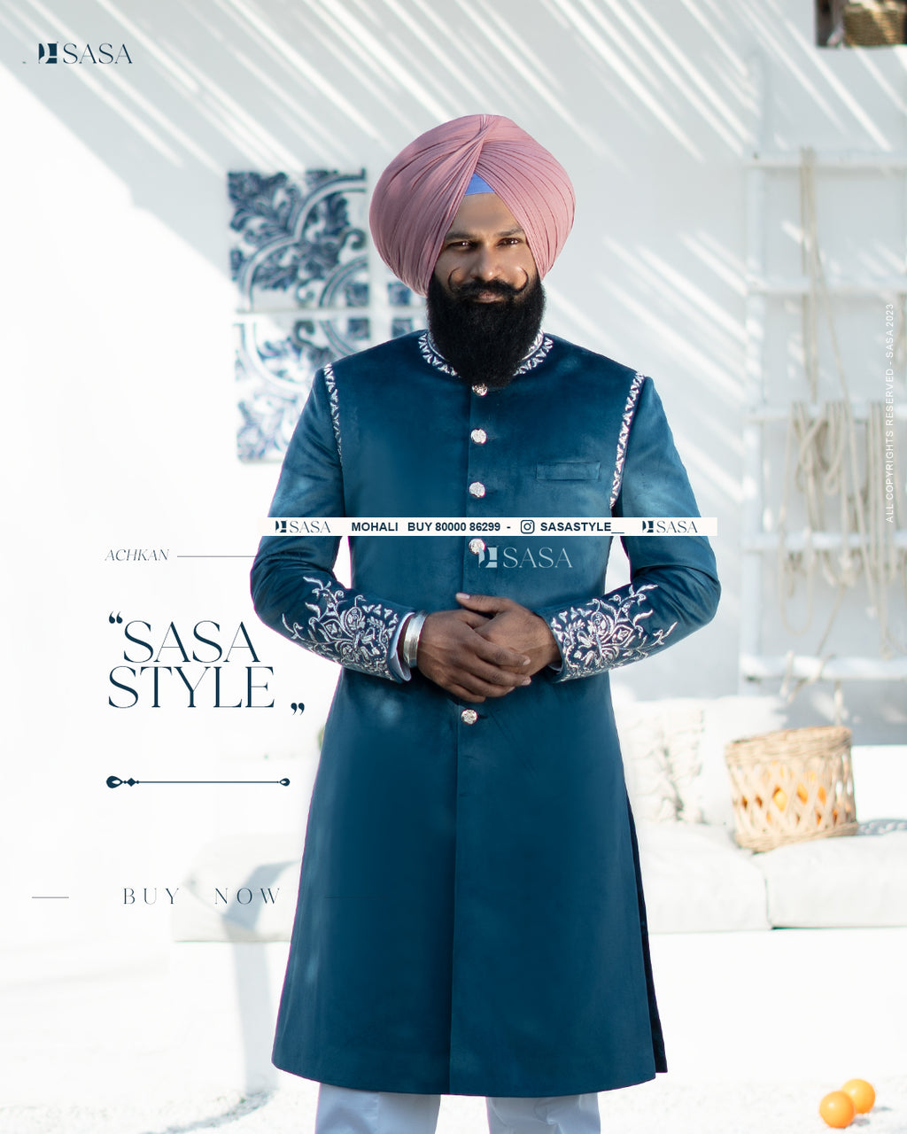 Peacock Blue Elegance: Embroidered Achkan with Kurta Pajama