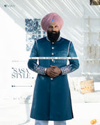Peacock Blue Elegance: Embroidered Achkan with Kurta Pajama