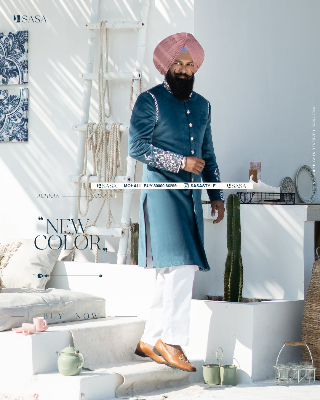 Peacock Blue Elegance: Embroidered Achkan with Kurta Pajama