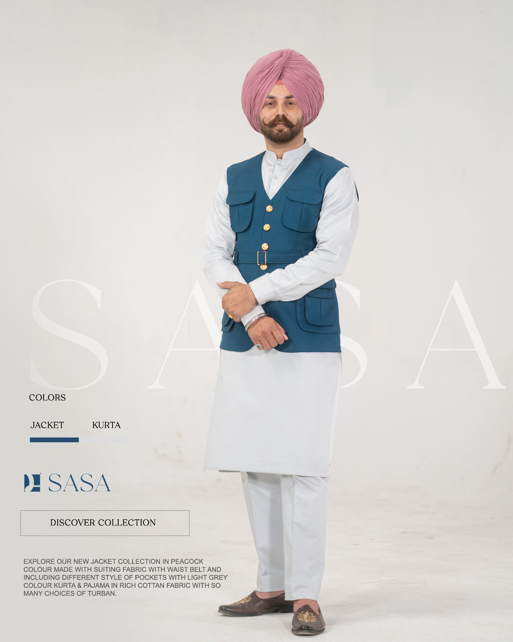 Peacock Waist Belt Jacket with Light Grey Kurta Pajama