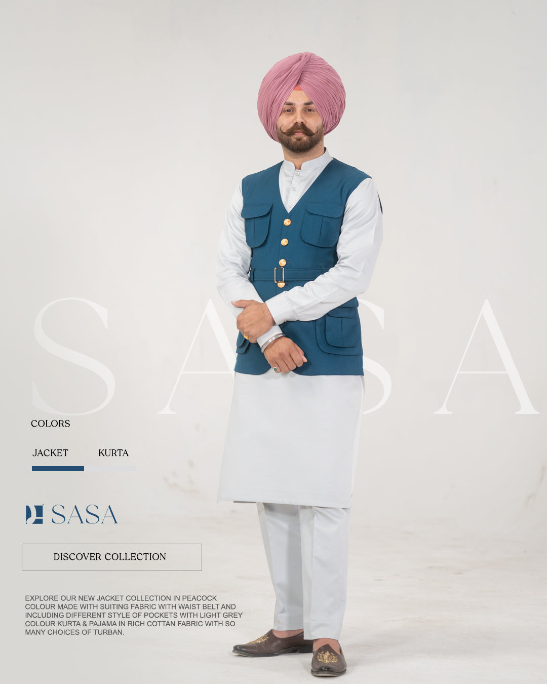 Peacock Waist Belt Jacket with Light Grey Kurta Pajama