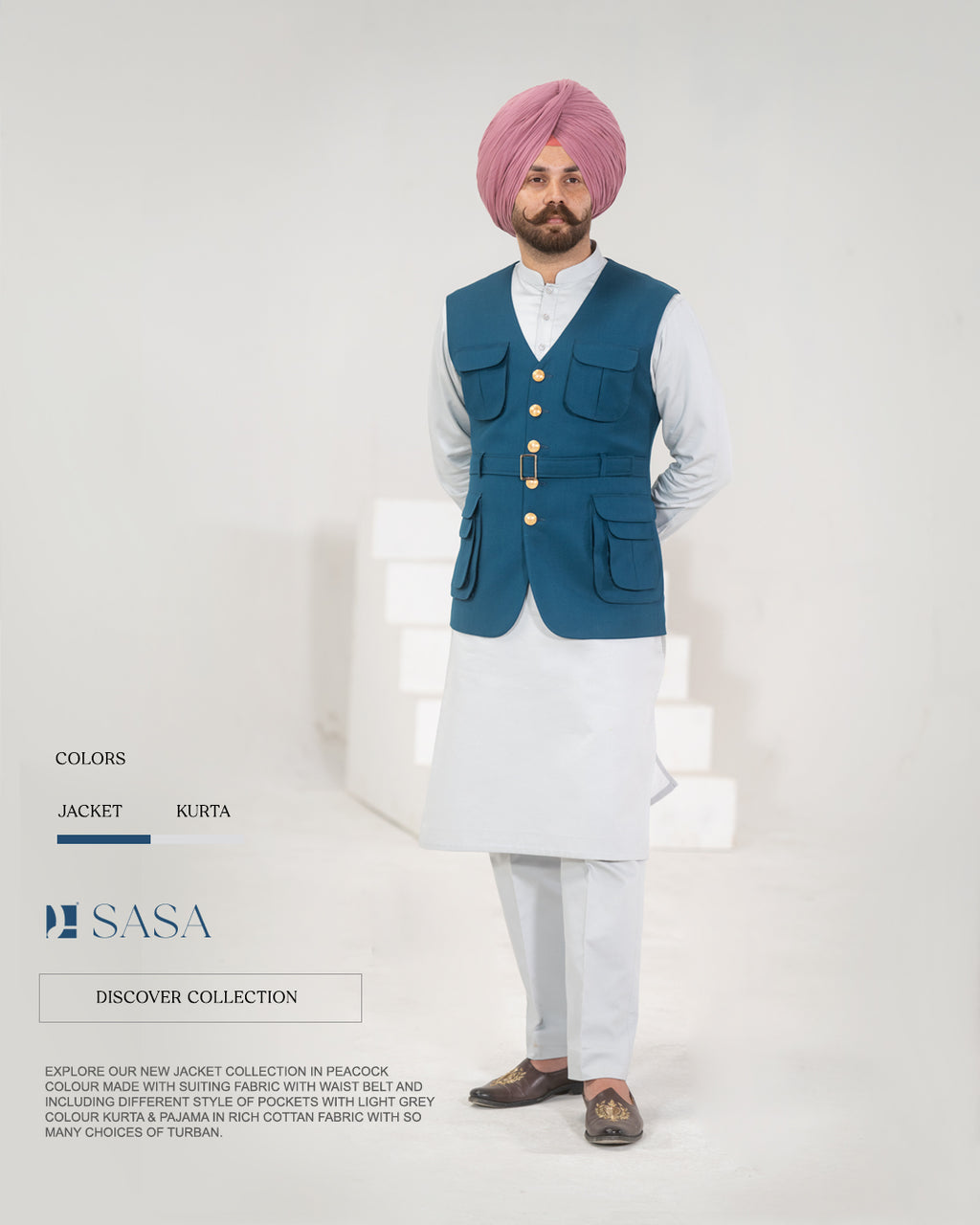 Peacock Waist Belt Jacket with Light Grey Kurta Pajama