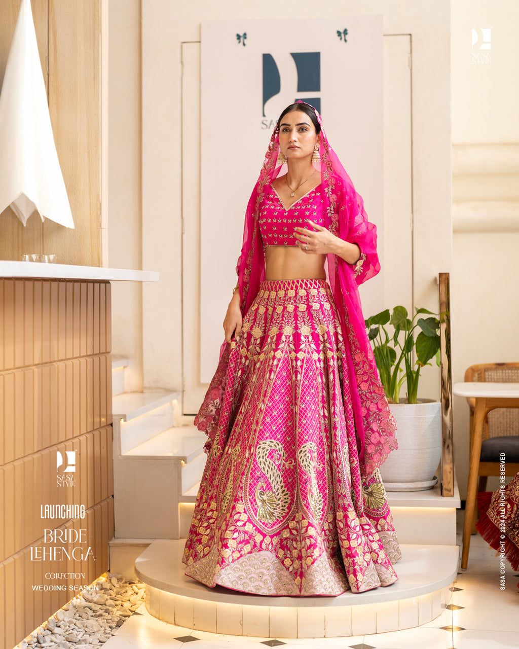 Fuchsia Pink Silk Lehenga with Peacock Motifs