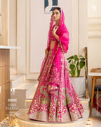 Fuchsia Pink Silk Lehenga with Peacock Motifs