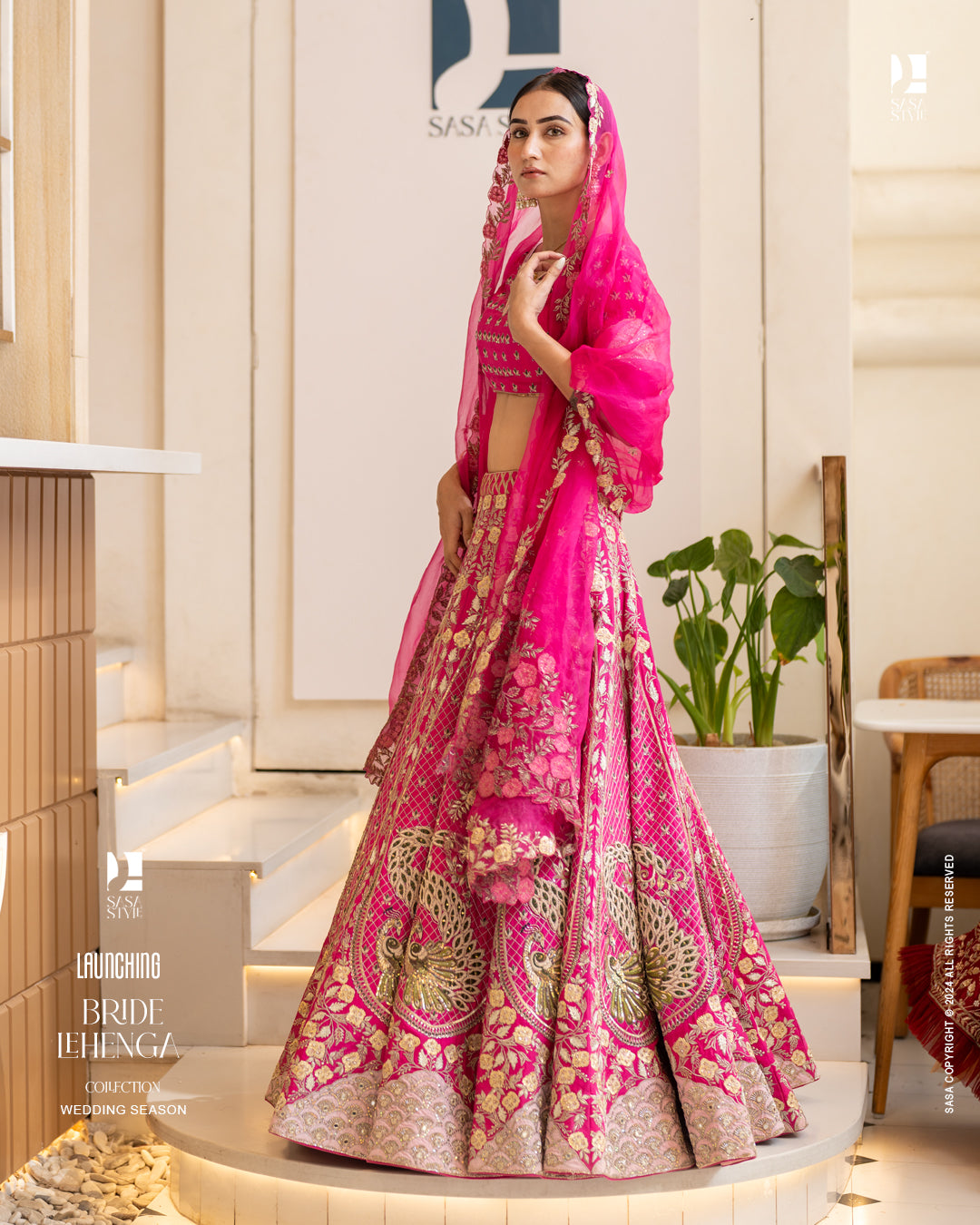 Fuchsia Pink Silk Lehenga with Peacock Motifs
