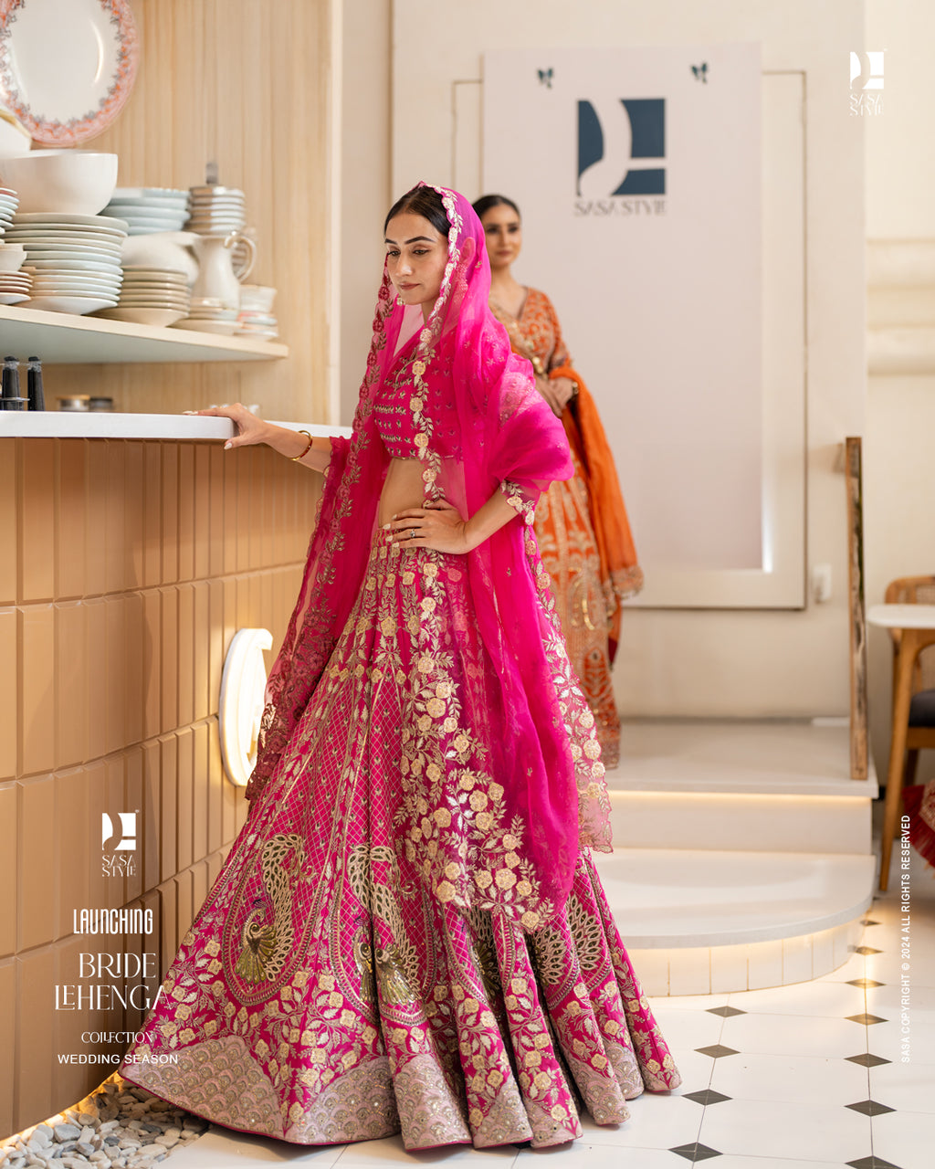 Fuchsia Pink Silk Lehenga with Peacock Motifs