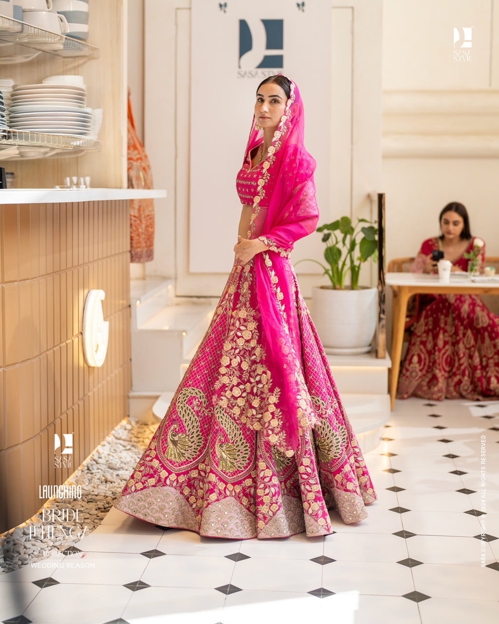 Fuchsia Pink Silk Lehenga with Peacock Motifs