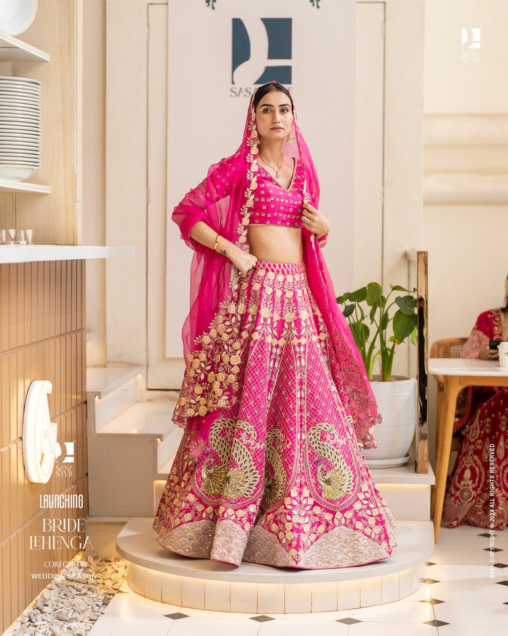 Fuchsia Pink Silk Lehenga with Peacock Motifs