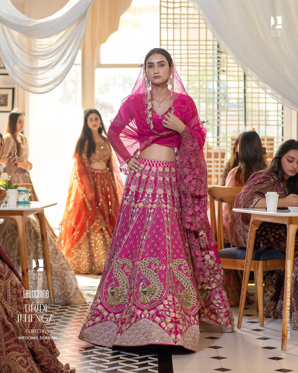 Fuchsia Pink Silk Lehenga with Peacock Motifs