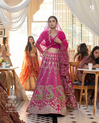 Fuchsia Pink Silk Lehenga with Peacock Motifs