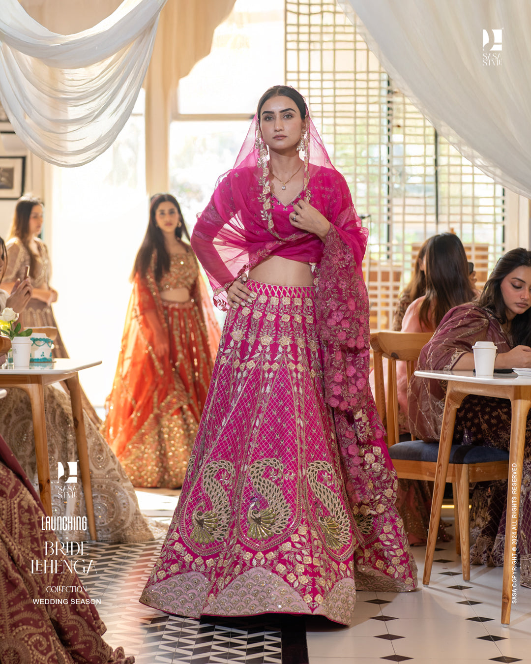 Fuchsia Pink Silk Lehenga with Peacock Motifs