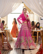 Fuchsia Pink Silk Lehenga with Peacock Motifs