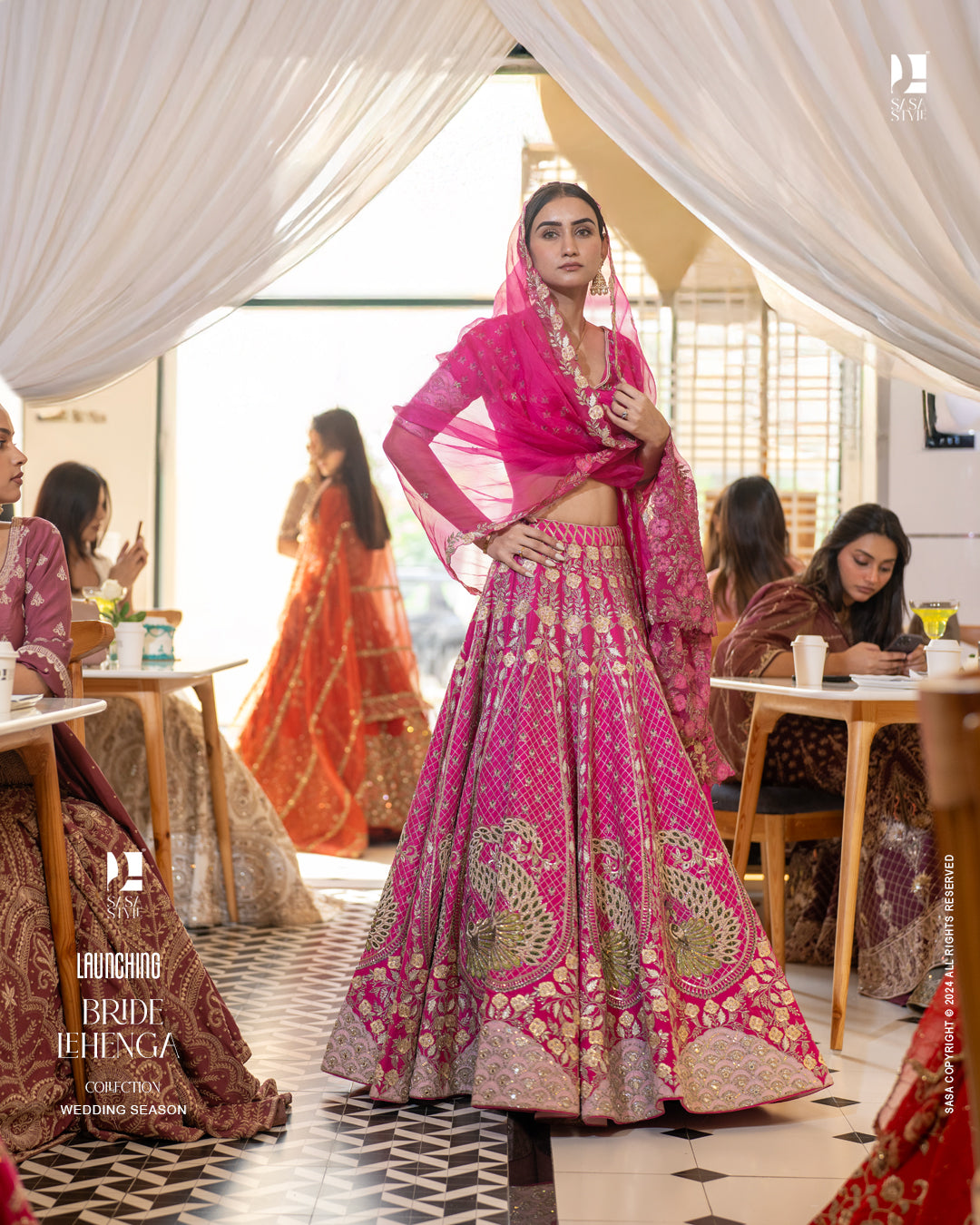 Fuchsia Pink Silk Lehenga with Peacock Motifs