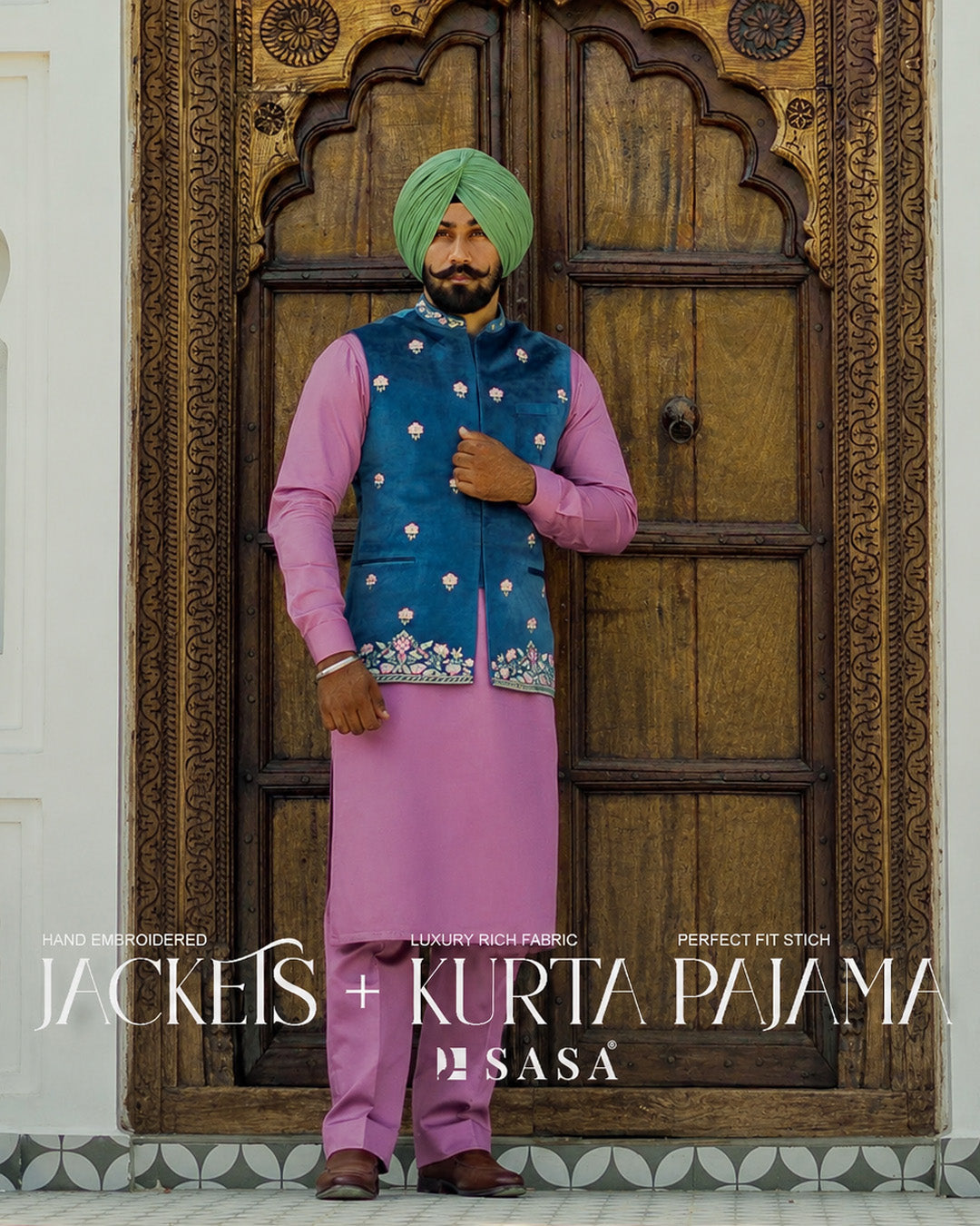 Azure Blue Embroidered Nehru Jacket with Pink Kurta Pajama