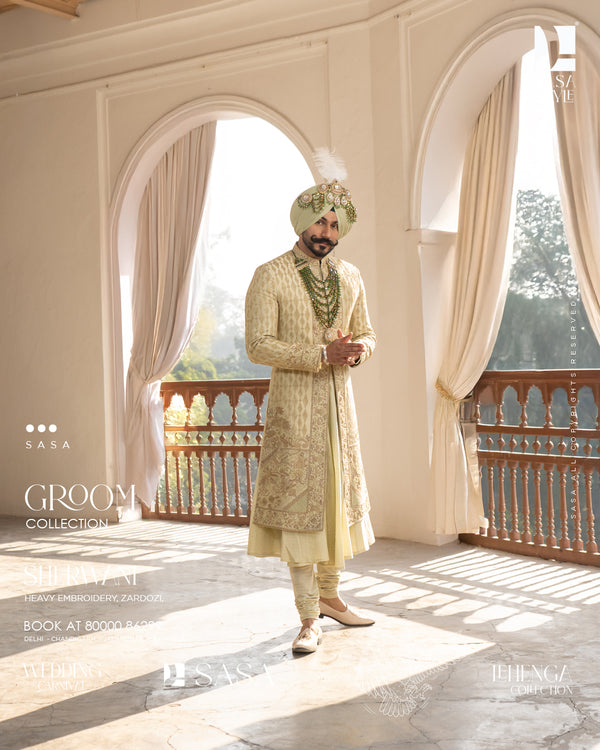 Pista Green Chanderi Sherwani with Embroidered Dupin Silk Palla