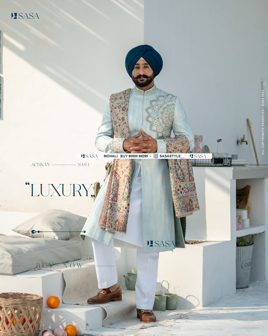 Powder Blue Achkan with Kurta Pajama