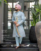 Powder Blue Sherwani with Hand-Embroidered Floral & Geometric Patterns