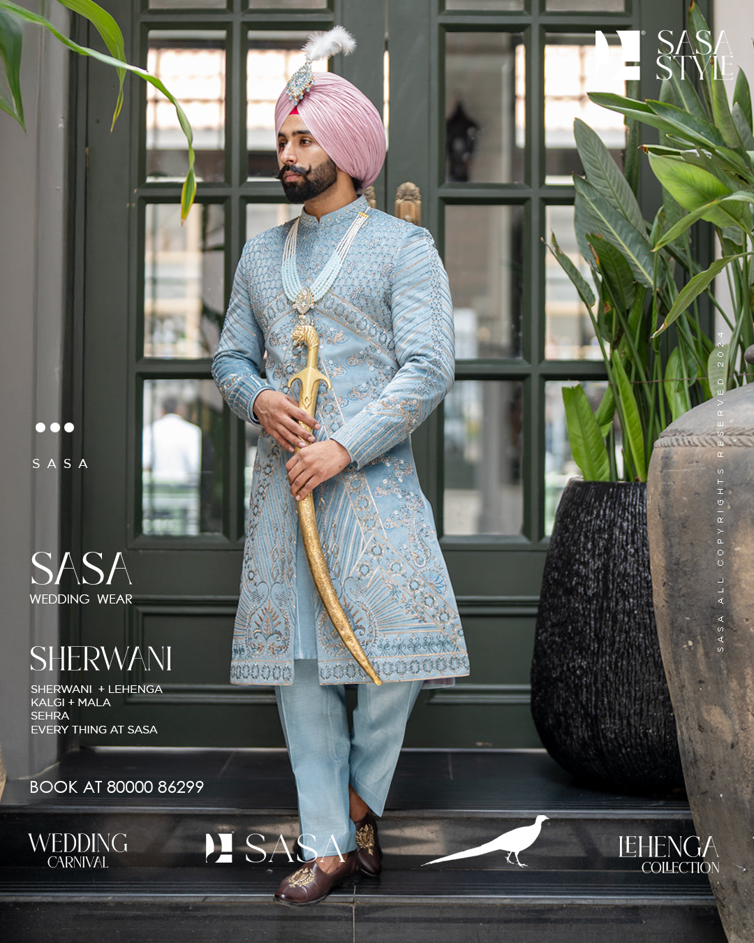 Powder Blue Sherwani with Hand-Embroidered Floral & Geometric Patterns