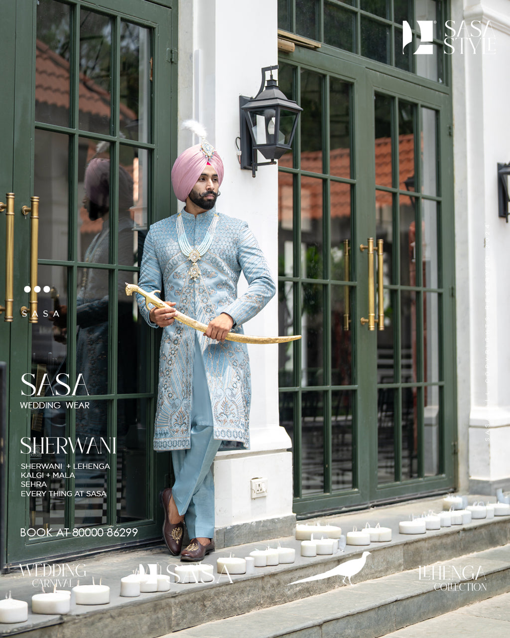 Powder Blue Sherwani with Hand-Embroidered Floral & Geometric Patterns