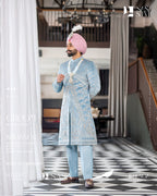 Powder Blue Sherwani with Hand-Embroidered Floral & Geometric Patterns