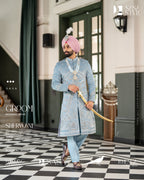 Powder Blue Sherwani with Hand-Embroidered Floral & Geometric Patterns