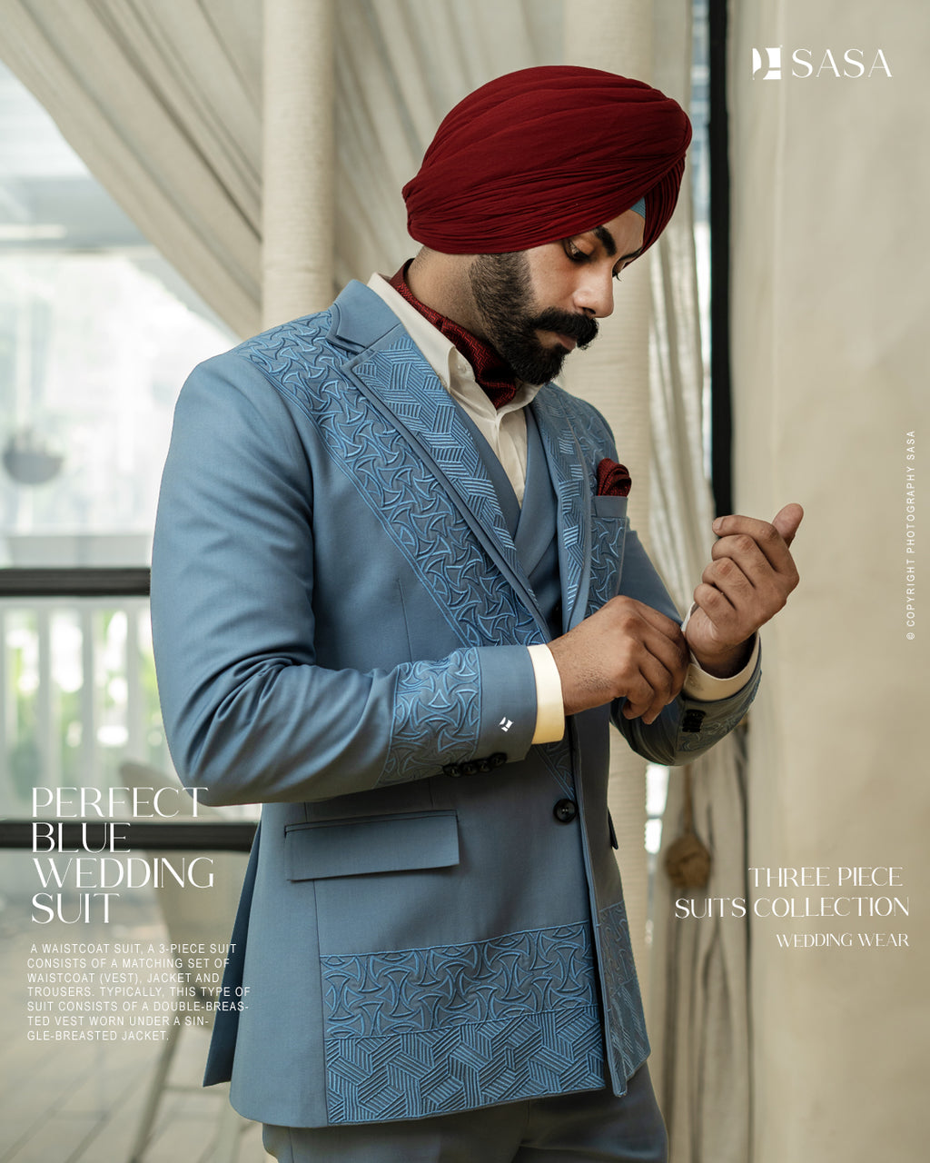 Powder Blue color 3pc Coat Vest Pant